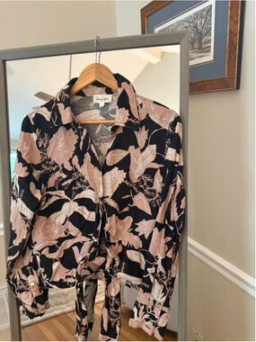 Women's Panama Jack Floral Button Down Shirt L Black Beige